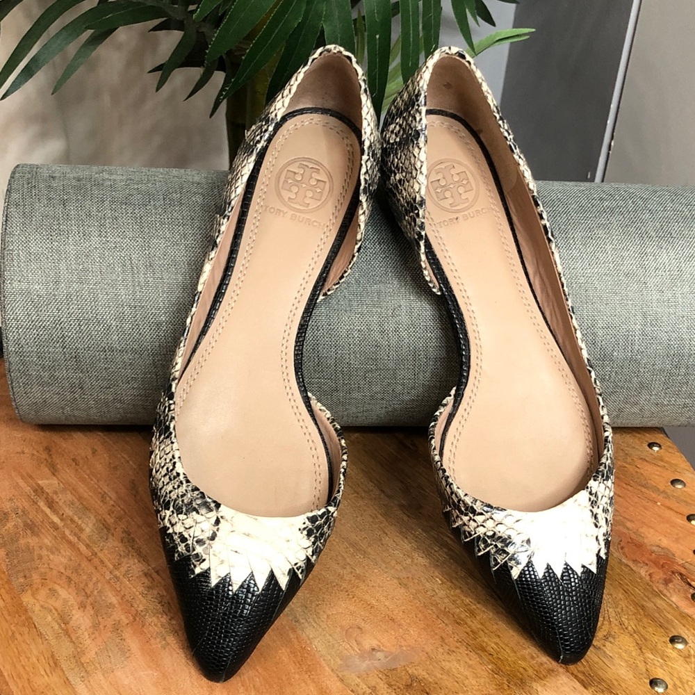 Tory Burch Black and Cream Snakeskin Pointed Flats